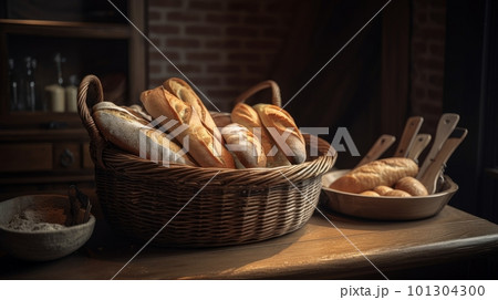 A basket of French baquette on a table - atmospheric rustic scene - made with Generative AI 101304300