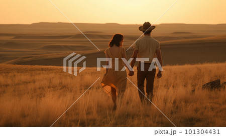 Couple walking hand in hand through the country at sunset - made with generative AI tools 101304431