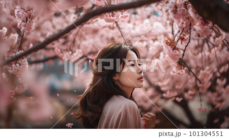 Beautiful Asian woman in a cherry blossom forest - made with generative AI tools Beautiful Asian woman in a cherry blossom forest - made with generative AI tools 101304551