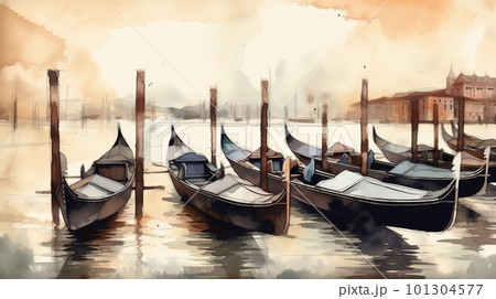 Illustration of gondolas in the city of Venice Italy - made with generative AI tools 101304577