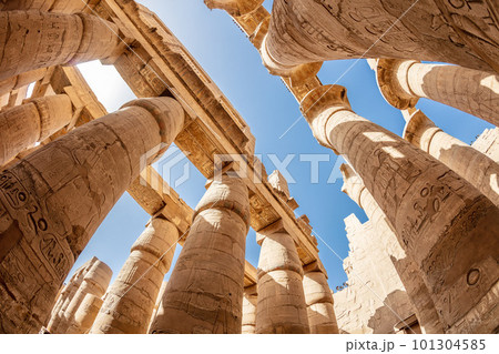 The sun's rays penetrate the columns in the Karnak temple. 101304585
