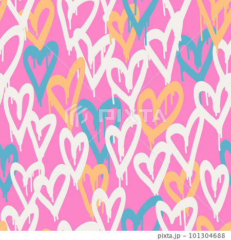 Graffiti hearts. Urban seamless pattern in street art style. Abstract print. Graphic underground unisex design for t-shirts and sweatshirt in bright neon pink colors. Hipster retrowave with 90s style. 101304688