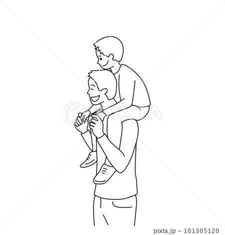 Son is sitting on his fathers shoulders. Dad and son together. Fathers Day theme. Vector art 101305120