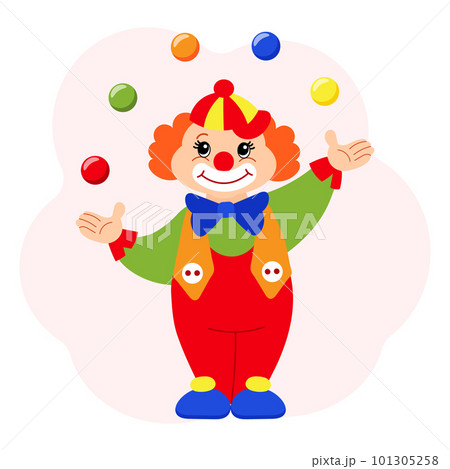 Cute funny cartoon clown juggler with balls. Children's card, print, colorful illustration, vector 101305258