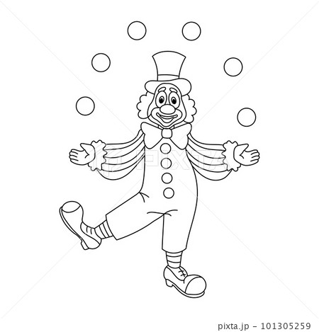 Cute funny cartoon clown juggler with balls. Sketch for children's coloring, line drawing, vector 101305259
