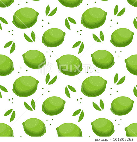 Seamless pattern, colorful limes and leaves on a white background. Fruit background, print, textile, vector 101305263