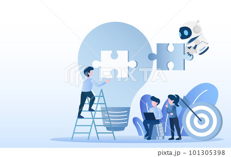 Human and AI robot teams work together to brainstorm and analyze ideas. Human and AI robot teams work together to brainstorm and analyze ideas. 101305398