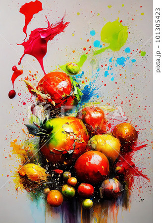 Dynamic picture with bright fruits. Bright painting with splashes of paint. Juicy fruits. AI-generated Dynamic picture with bright fruits. Bright painting with splashes of paint. Juicy fruits. AI-generated 101305423