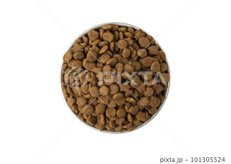 Dry pet food in a metal bowl isolated on white background with clipping path Dry pet food in a metal bowl isolated on white background with clipping path 101305524