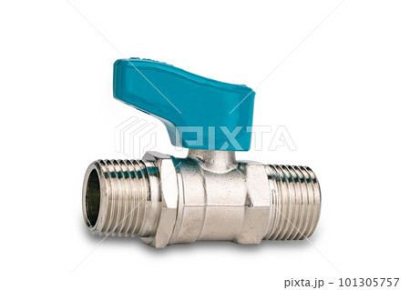 Metal water ball valve with short blue handle. 101305757