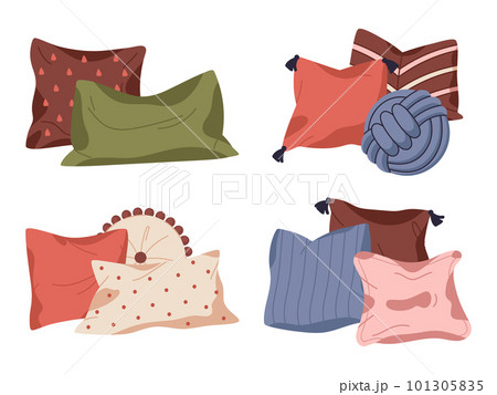 Home decor pillows. Textile interior pillows, feathered cozy sofa cushions, decorative soft pillows flat vector illustration set 101305835