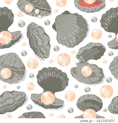 Seashell with pearls seamless pattern. Scallop shells with pearls, open clam sea shellfish. Marine fauna flat vector background illustration 101305837