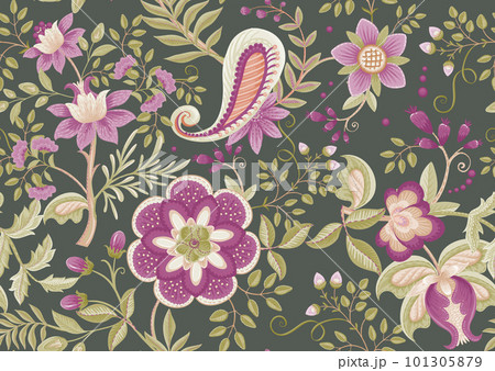 Fantasy flowers in retro, vintage, jacobean embroidery style.  101305879