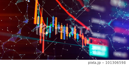 Technical price graph and indicator, red and green candlestick chart on blue theme screen, market volatility, up and down trend. 101306598
