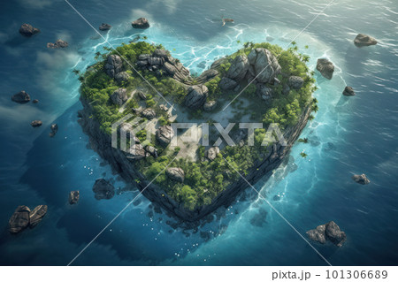 A top view of a heart-shaped island with a boat anchored at its shore, surrounded by crystal clear blue waters. The perfect getaway for a honeymoon or romantic vacation. AI Generative. 101306689