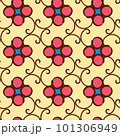 Seamless wallpaper design cheerful floral motif with a retro and vintage flair inspired by Asian botanicals in pink hues and swirling shapes for scrapbooking, gift wrapping, invitation card 101306949