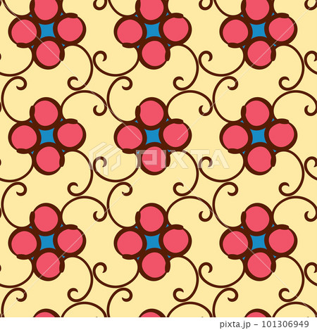 Seamless wallpaper design cheerful floral motif with a retro and vintage flair inspired by Asian botanicals in pink hues and swirling shapes for scrapbooking, gift wrapping, invitation card 101306949