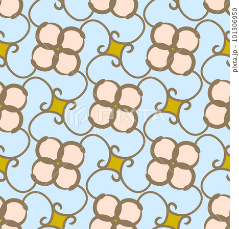 Endless Blossom retro stylish and modern pattern featuring a blossoming yukata kimono motif in soft pastel blues and yellow. Perfect for gift wrapping, interior design, and textile projects 101306950