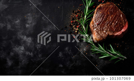 Steak on a dark wooden base with spices. Ai generated illustration 101307069
