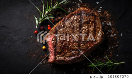 Steak on a dark wooden base with spices. Ai generated illustration 101307070