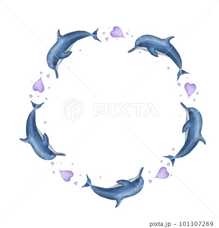 Watercolor romantic frame with dolphin and hearts isolated on white background. Illustration for wallpaper, print, logo, scrapbooking, postcards, invite template, greeting cards.. 101307269