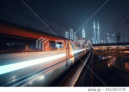 Modern high speed train at night. Fast train in city with motion blur effect, Public transport. Railway transportation. Created with Generative AI 101307276