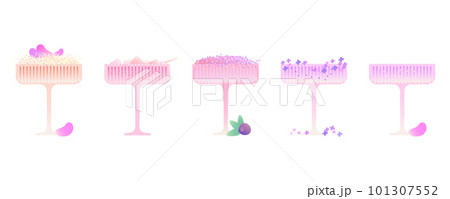 Champagne dessert glass set. Alcoholic drinks with berries, flowers and different ingredients Champagne dessert glass set. Alcoholic drinks with berries, flowers and different ingredients 101307552