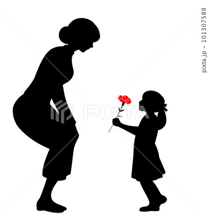 母親にカーネーションを渡す女の子のシルエット 101307589