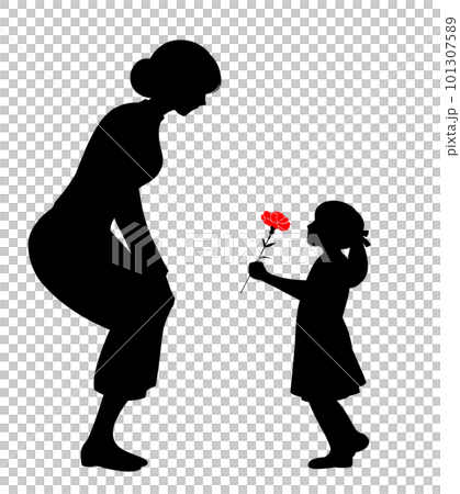 母親にカーネーションを渡す女の子のシルエット 101307589