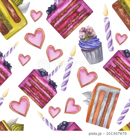 Seamless pattern cakes watercolor illustration. Hand drawn isolated on white background. 101307670