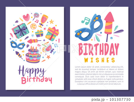 Happy Birthday Square Card with Cake, Firecracker and Carnival Mask Vector Template Happy Birthday Square Card with Cake, Firecracker and Carnival Mask Vector Template 101307730