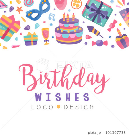 Happy Birthday Square Card with Cake, Gift Box and Carnival Mask Vector Template 101307733