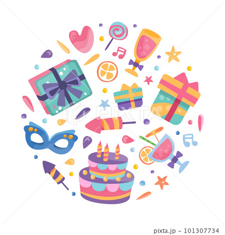 Happy Birthday Circle Arrangement with Cake, Gift Box and Carnival Mask Vector Template 101307734