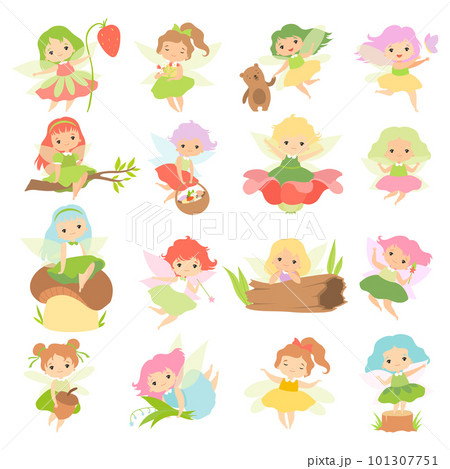 Little Fairy or Pixie with Wings as Woodland Nymph Big Vector Set Little Fairy or Pixie with Wings as Woodland Nymph Big Vector Set 101307751
