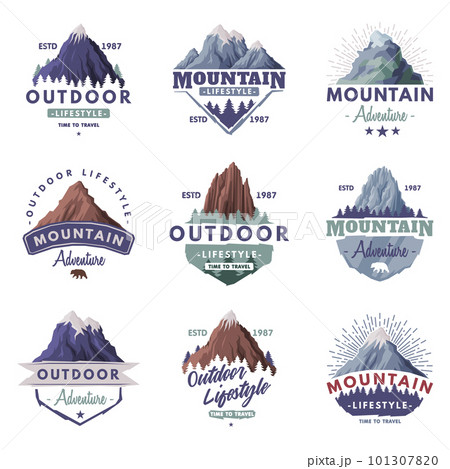 Forest and Mountain Logo for Outdoor Adventure and Hiking Tourism Vector Set 101307820