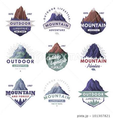 Forest and Mountain Logo for Outdoor Adventure and Hiking Tourism Vector Set 101307821