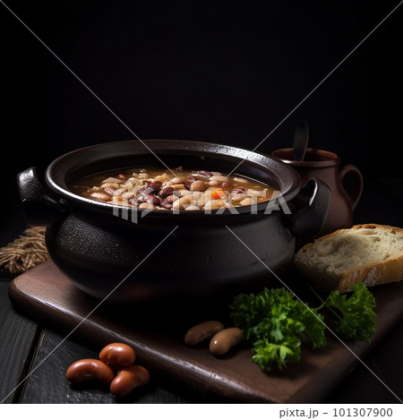 Delicious appetizing hot bean soup, great dish for lunch menu, isolated on black close-up 101307900