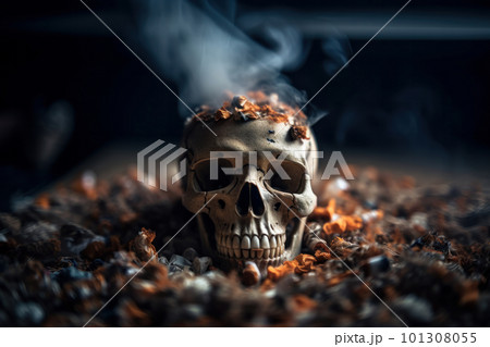 A human skull surrounded by smoke and cigarettes, warning of the hazards of tobacco use on No Tobacco Day, beautifully captured by AI Generative. A human skull surrounded by smoke and cigarettes, warning of the hazards of tobacco use on No Tobacco Day, beautifully captured by AI Generative. 101308055