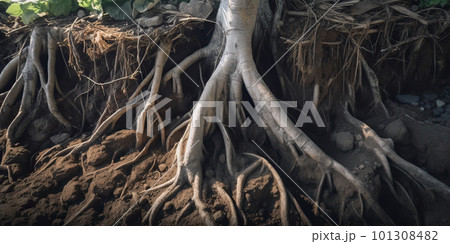 Roots of a tree in soil close up. Generative AI realistic illustration 101308482