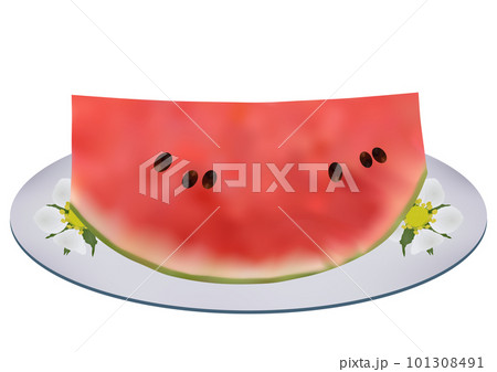 お皿に盛られた「カットした赤色の小玉スイカ」白皿  花柄 101308491