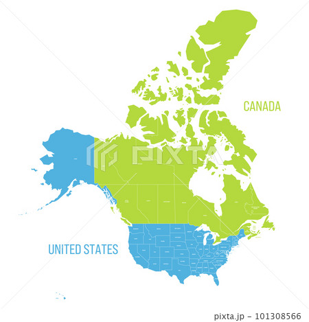 United States and Canada political map of administrative divisions. Colorful vector map with labels. United States and Canada political map of administrative divisions. Colorful vector map with labels. 101308566