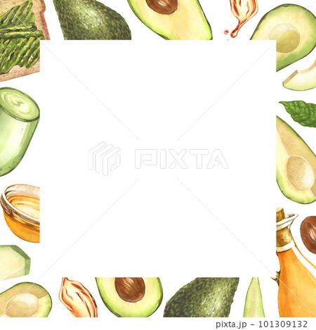 Watercolor frame, ripe avocado and oil in glass bowl, top view. Hand-drawn illustration isolated on white background. Perfect food menu, food drawing, design packing, healthy eating concept 101309132