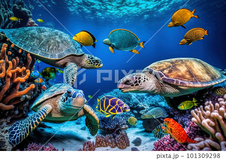 Coral reef with wild sea turtles and fish, tropical ocean underwater life, generative AI. 101309298