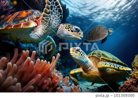 Coral reef with wild sea turtles and fish, tropical ocean underwater life, generative AI 101309300