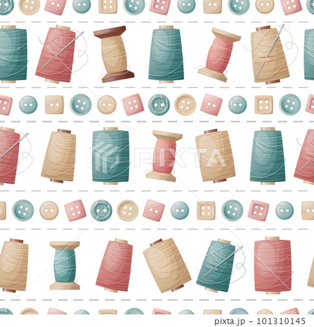 Seamless pattern with sewing threads and buttons. Sewing atelier, needlework, hobby. Suitable for fabric, wallpaper, decor, clothes, wallpaper. 101310145