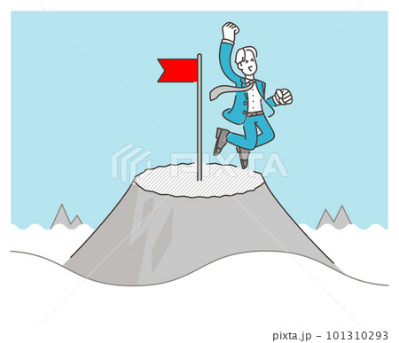 山頂で喜ぶ男性ビジネスマン。仕事の成功、達成の概念【ベクターイラスト素材】 山頂で喜ぶ男性ビジネスマン。仕事の成功、達成の概念【ベクターイラスト素材】 101310293
