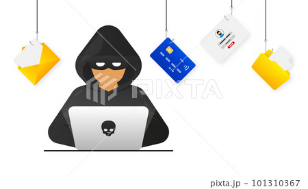 Hacker, Cyber criminal with laptop stealing user personal data. Hacker attack and web security. Internet phishing. Cyber security concept. Vector illustration. 101310367
