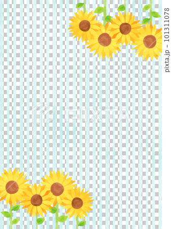 手描きのヒマワリと水色のストライプ柄の背景 101311078