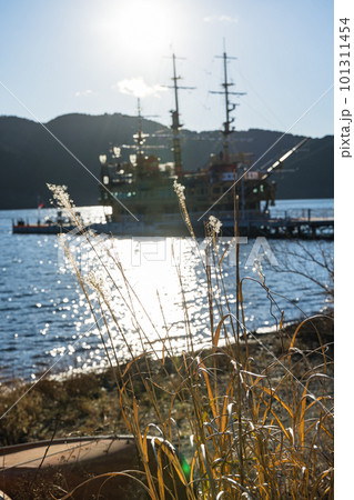 日本　神奈川県足柄下郡箱根町の桃源台港からの芦ノ湖と箱根海賊船 101311454