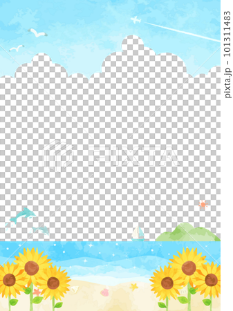 Summer sky and sea landscape illustration where you can see thunderheads and contrails 101311483